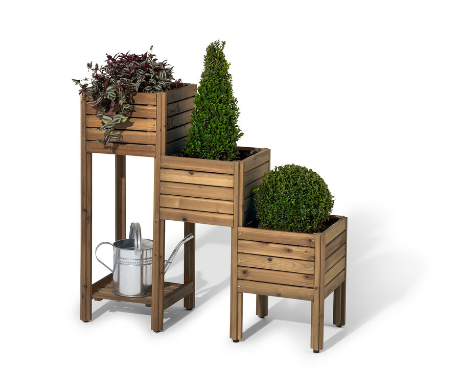 Schodovitá dřevěná police »Tinus« se třemi květináči a stříbrnou konví na zalévání.