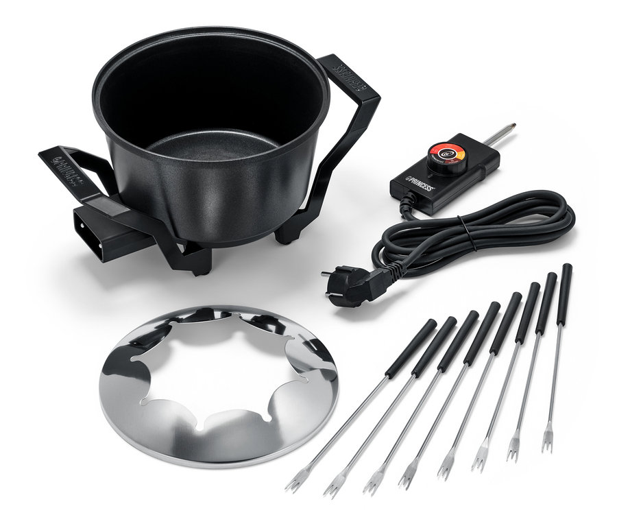 Černý fondue set s nerezovou ochranou proti rozstřiku a vidličkami.