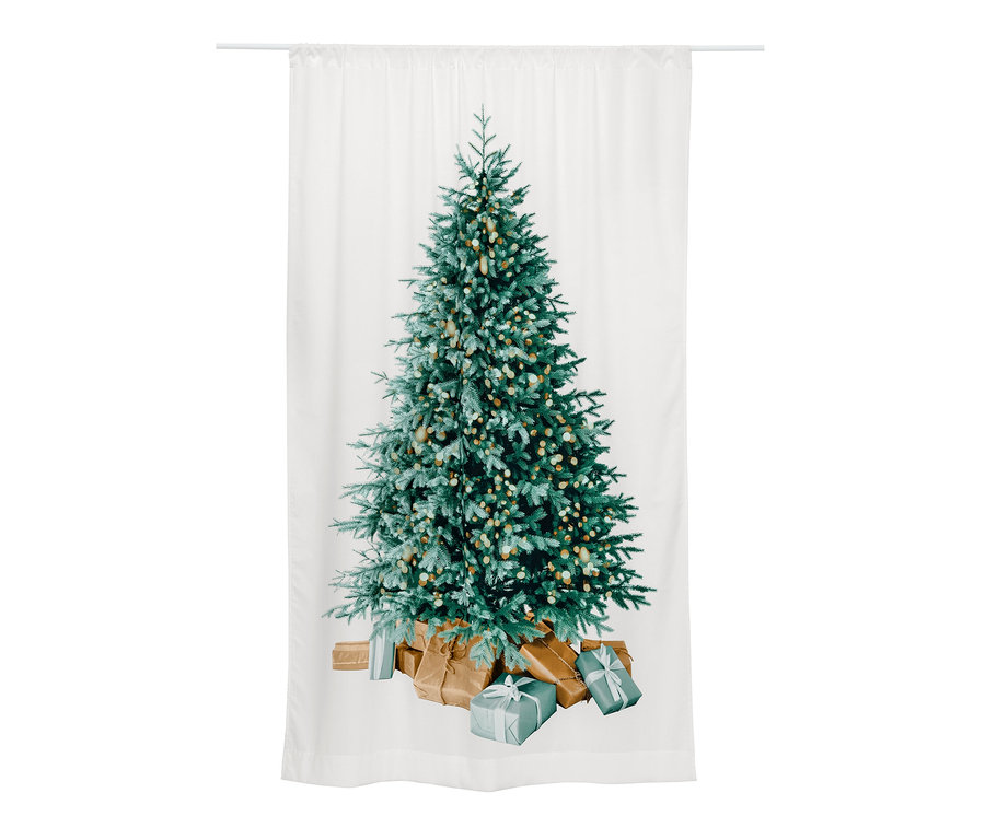 Závěs s motivem vánočního stromu a dárků.