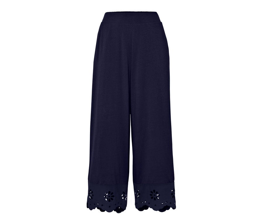 Tmavě modré culottes kalhoty s výšivkou na lemu.