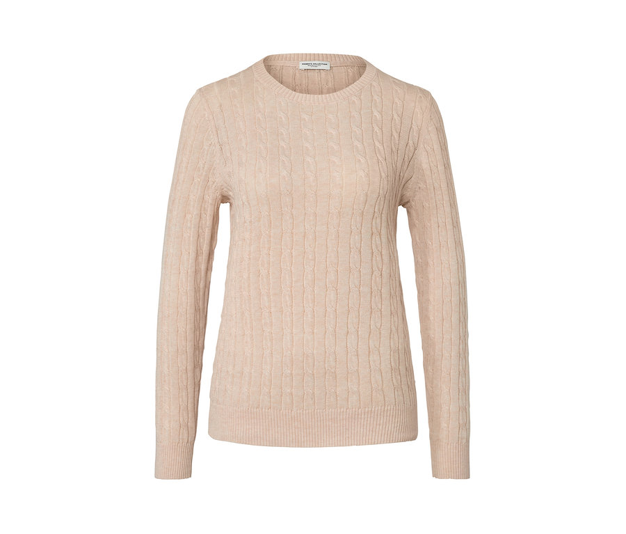 Krémový svetr s copánkovým vzorem.
