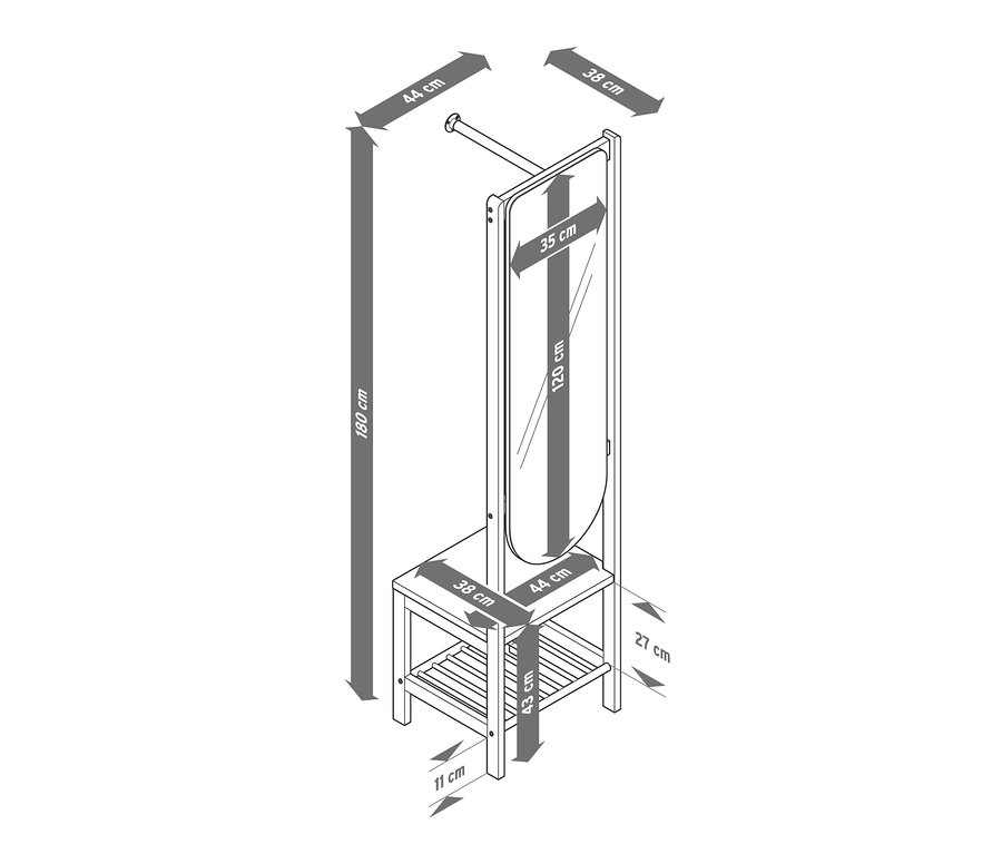Náčrt otevřené šatní skříně se zrcadlem a odkládací plochou s vyznačenými rozměry.