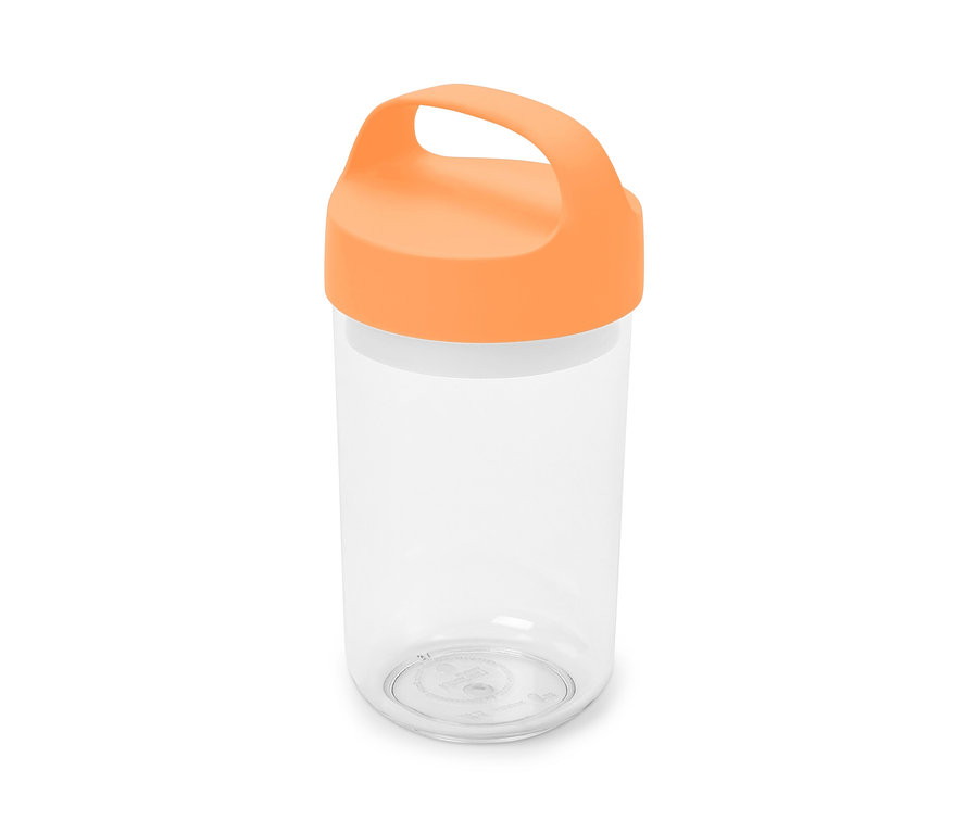 Průhledná cestovní nádoba s oranžovým uchem, velká.