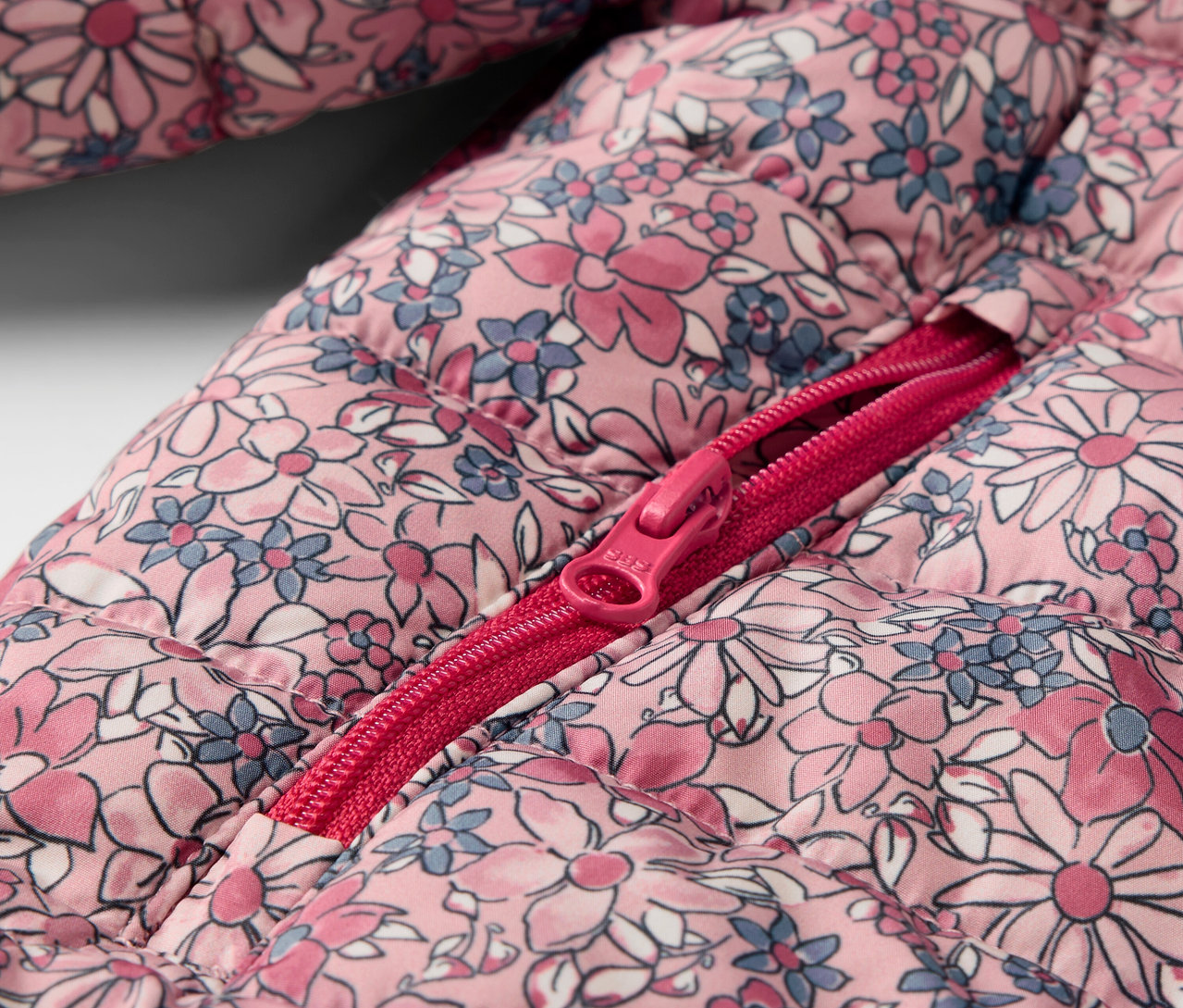 Detail dětské prošívané bundy s kytičkami a rozepnutým zipem.