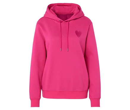 Růžová mikina s kapucí a se srdcem na hrudi.