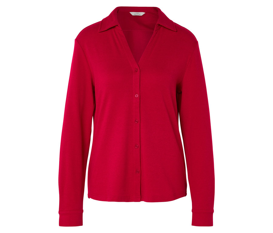 Červená halenka s dlouhými rukávy a límečkem.