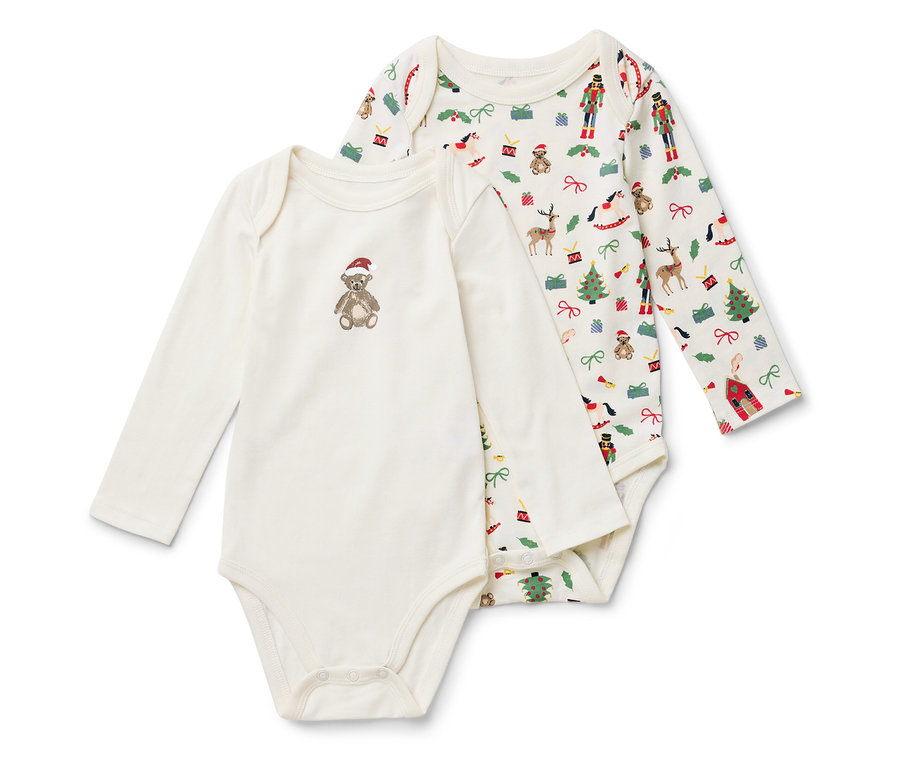 Dvě dětské body s dlouhým rukávem. Jedno s vánočním potiskem, druhé s medvídkem v čepici.