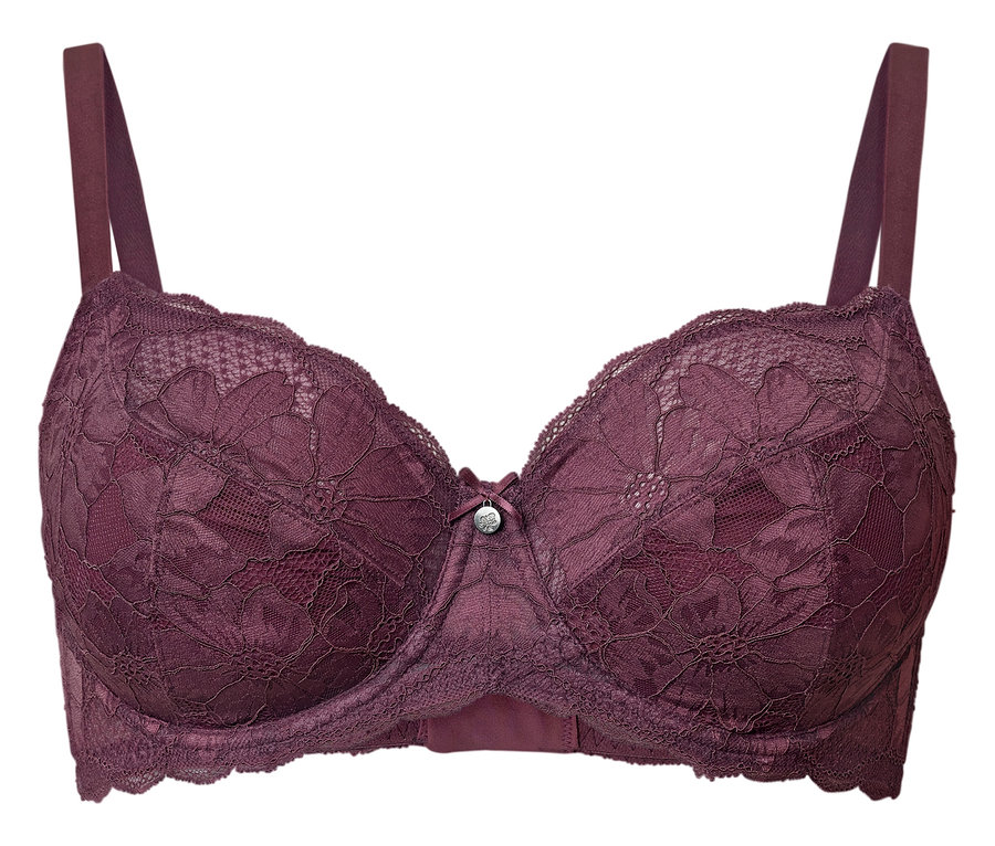 Fialová krajková podprsenka s kosticemi na bílém pozadí.