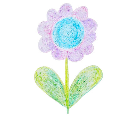 Kresba květu pastelkami s fialovými okvětními lístky a modrým středem.