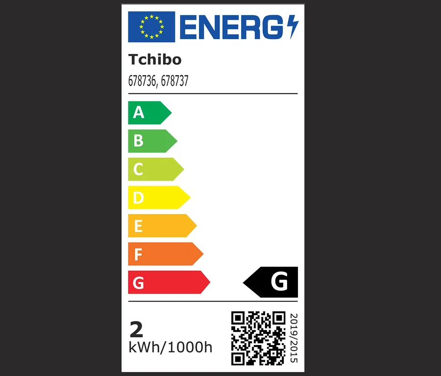 Energetický štítek Tchibo pro světelný řetěz na zem s třídami energetické účinnosti A až G.