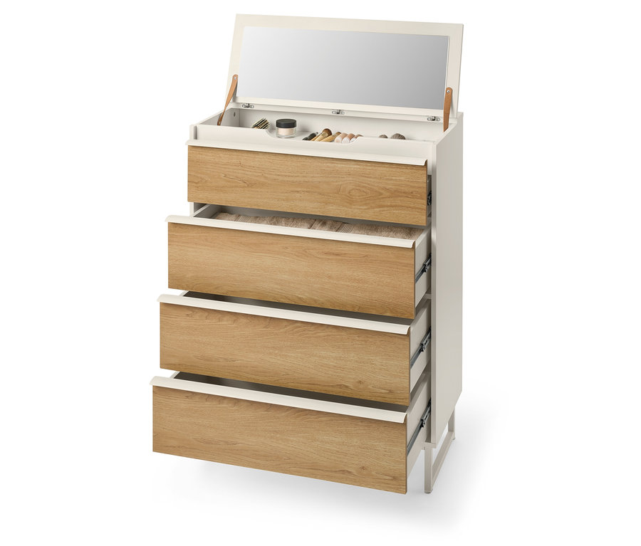 Komoda se čtyřmi zásuvkami s otevřenou horní částí, která odhaluje zrcadlo a kosmetiku.