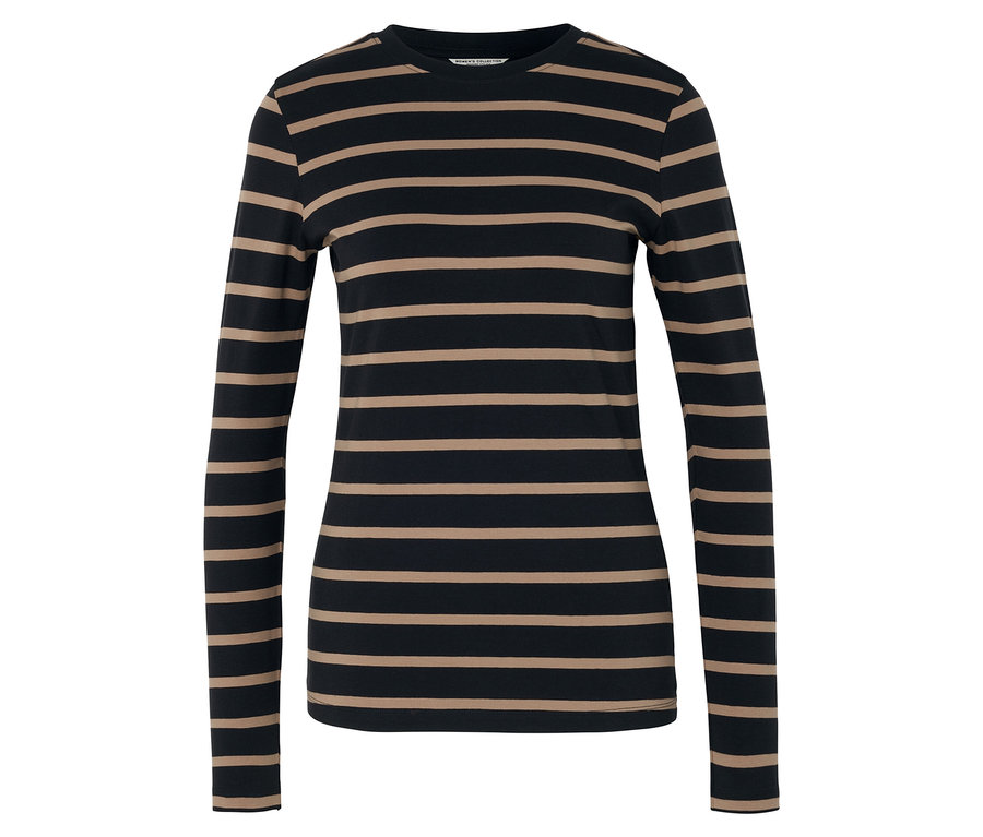 Černo-béžová pruhovaná halenka s dlouhým rukávem.