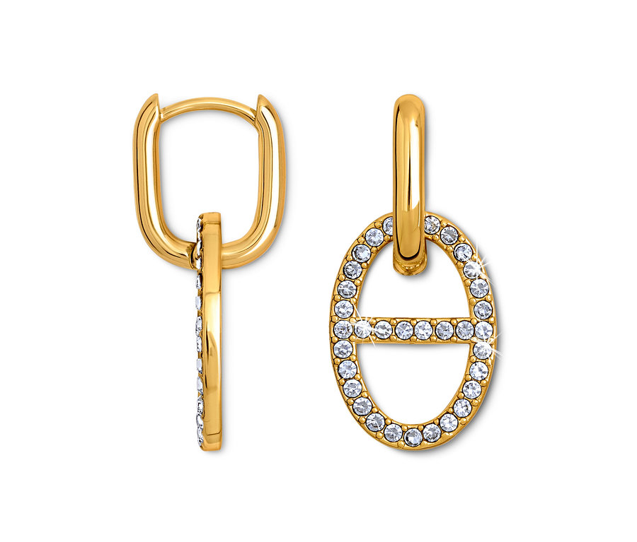Dvoje zlaté náušnice s oválným přívěskem zdobeným čirými kamínky.