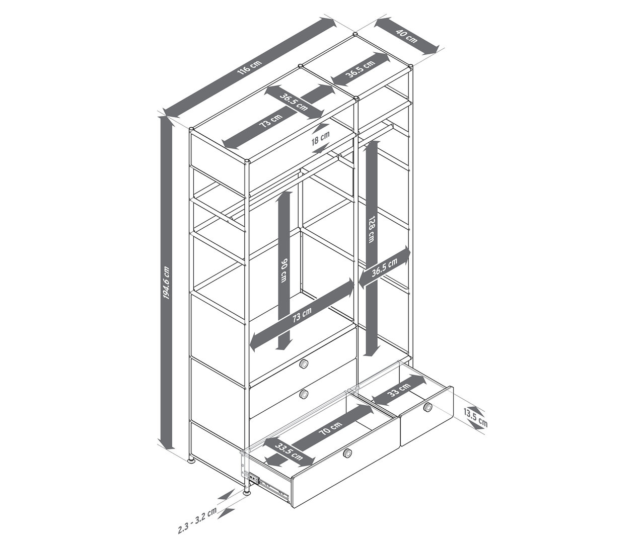Drátový model otevřené skříně s policemi a zásuvkami s rozměry.