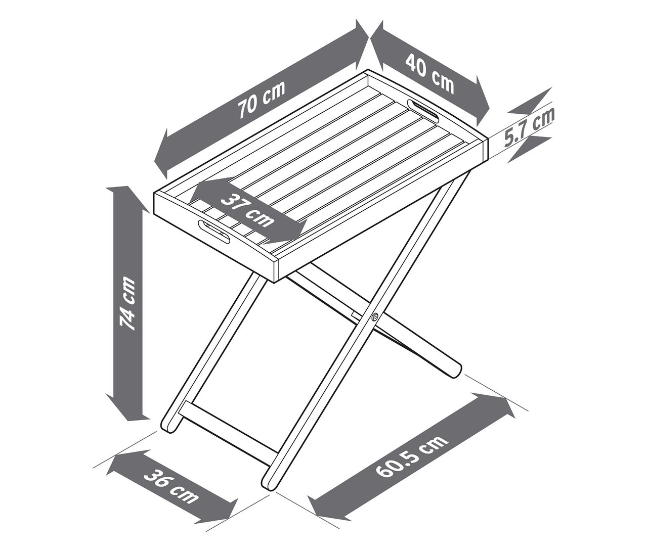 Diagram znázorňuje rozměry skládacího stolku s podnosem. Rozměry podnosu jsou 70 x 40 cm a výška stolku je 74 cm.