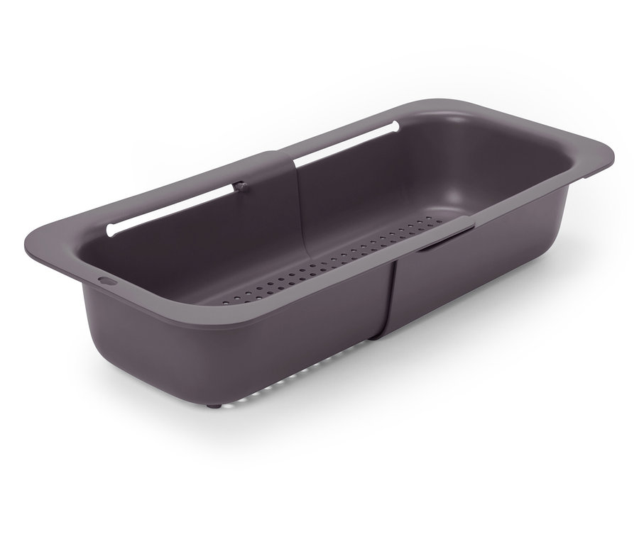 Rozkládací cedník v šedé barvě.