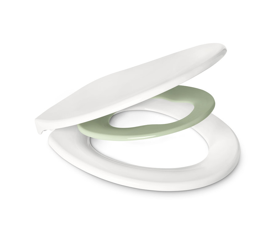Bílé WC sedátko Family s automatickým zavíráním, s nazelenalým dětským sedátkem.