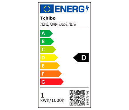 Energetický štítek Tchibo s třídou energetické účinnosti D a spotřebou 1 kWh/1000h.