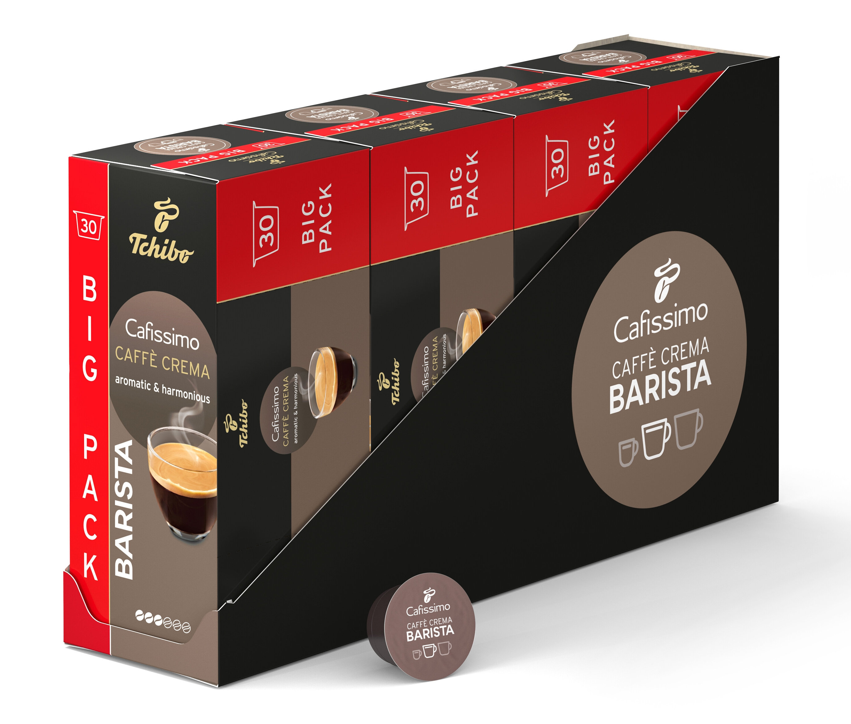 Několik balení kávových kapslí Tchibo Cafissimo Caffe Crema Barista v černém držáku.