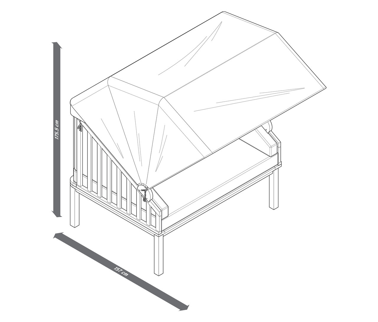 Nákres plážového koše prémiové kvality se stříškou proti slunci, rozměry 175,5 cm na výšku a 157 cm na šířku.