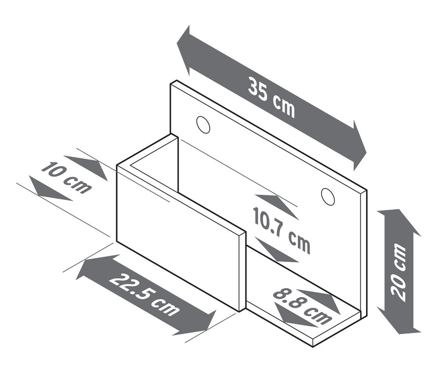 Ilustrace jednoho držáku police ze Sady 3 polic z masivního dřeva s rozměry.