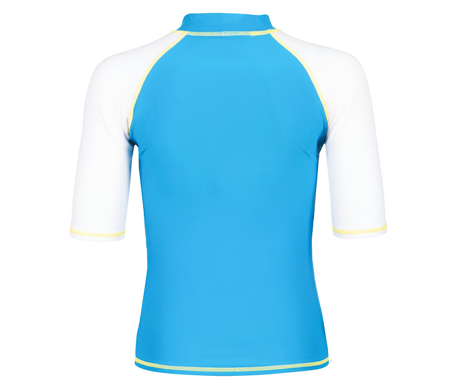 Světle modré tričko Rashguard s bílými rukávy a žlutým prošíváním.