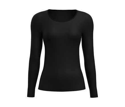 Cerné tričko s dlouhým rukávem a kulatým výstřihem, položené naplocho na bílém pozadí.