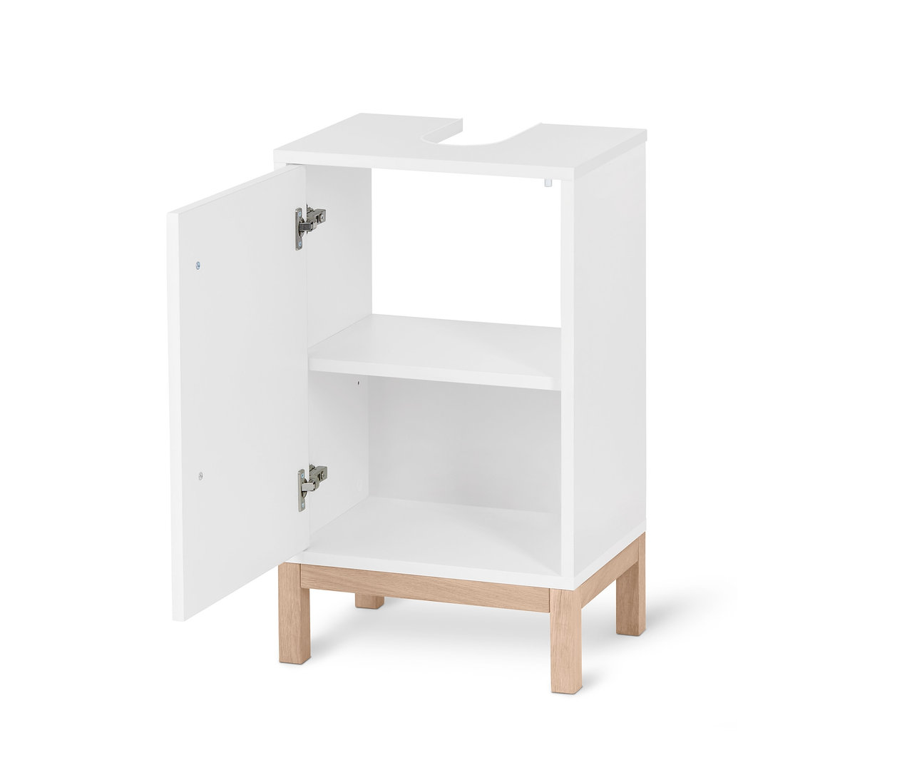 Otevřená malá bílá skříňka pod umyvadlo Eklund s policí a světlými dřevěnými nohami.