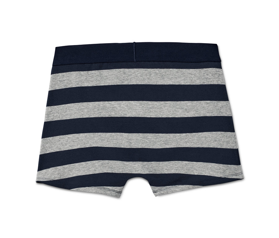 Pár boxerek, 5 ks, s modrými a šedými vodorovnými pruhy.