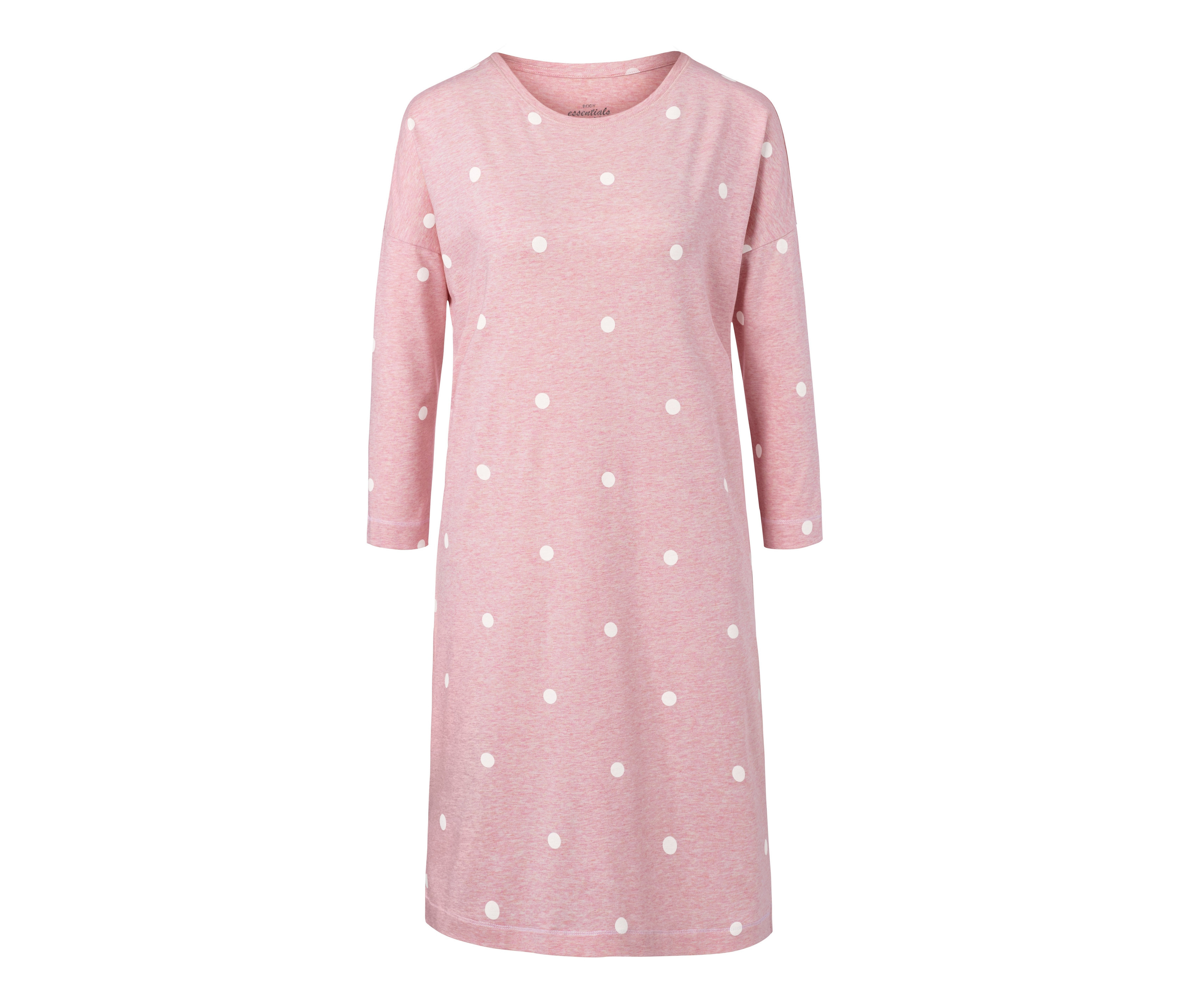 Růžová noční košile s bílými puntíky.