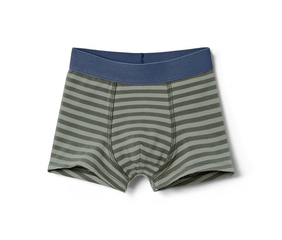 Pár chlapeckých boxerek, 7 ks, se zelenými a šedými vodorovnými pruhy a modrým pasem.