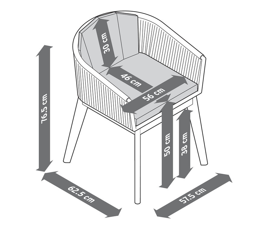 Nákres jídelního křesla s textilním výpletem a rozměry.