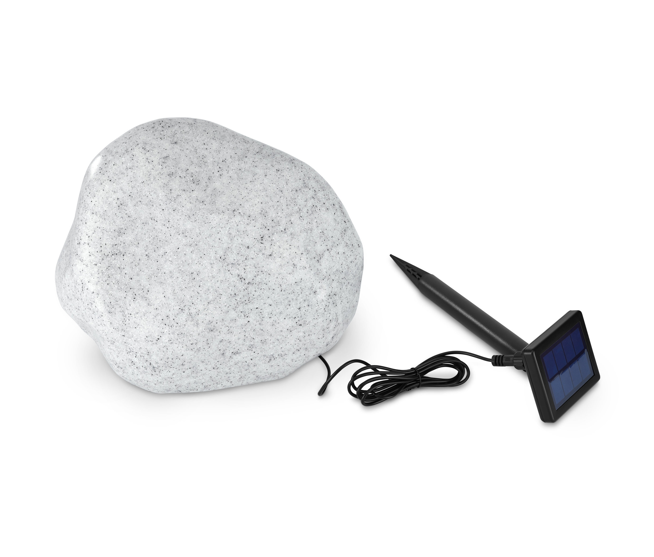 Šedé solární svítidlo Kámen a solární panel s kabelem na bílém pozadí.