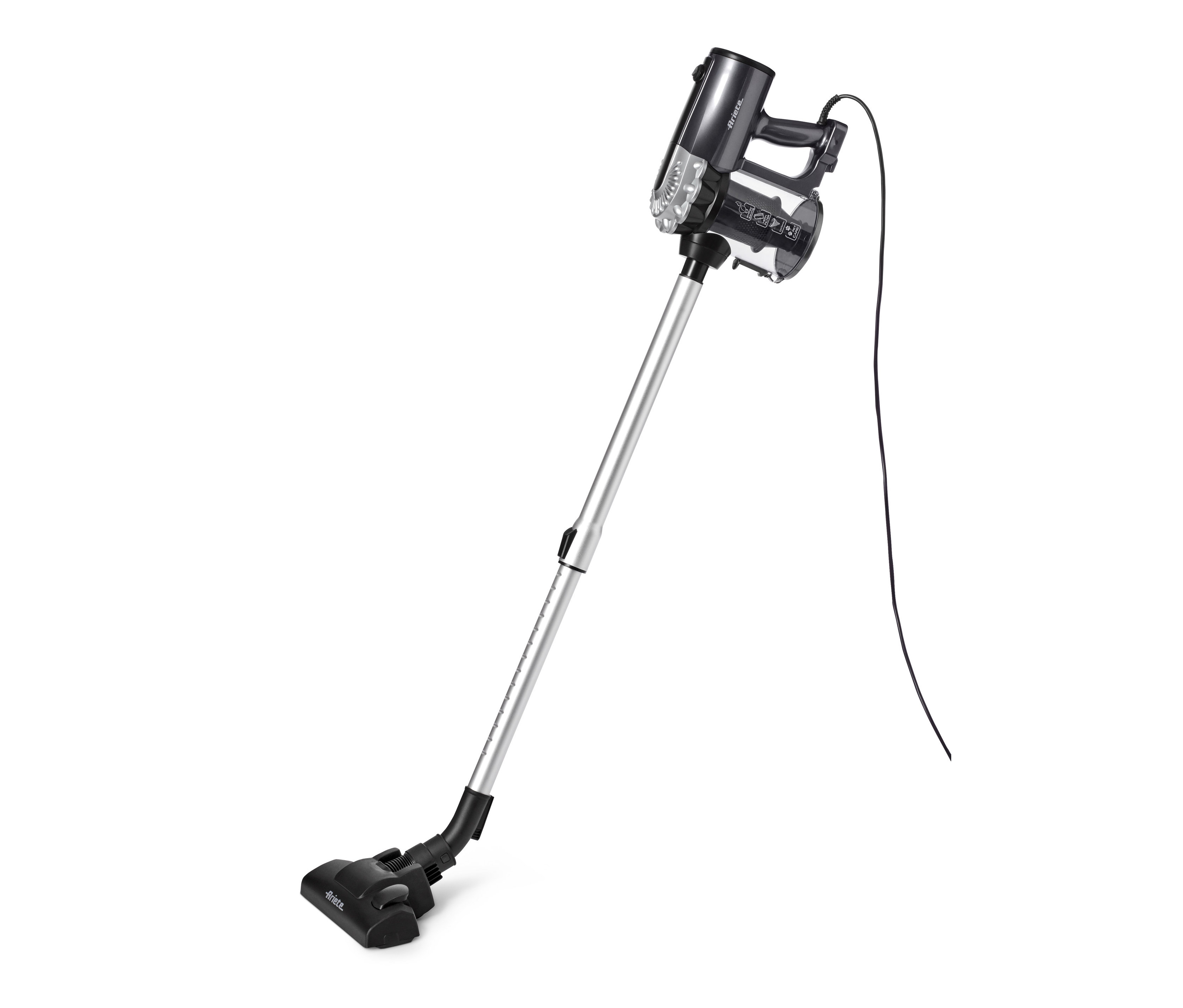 Černo-stříbrný tyčový vysavač o výkonu 600 W s kabelem na bílém pozadí.