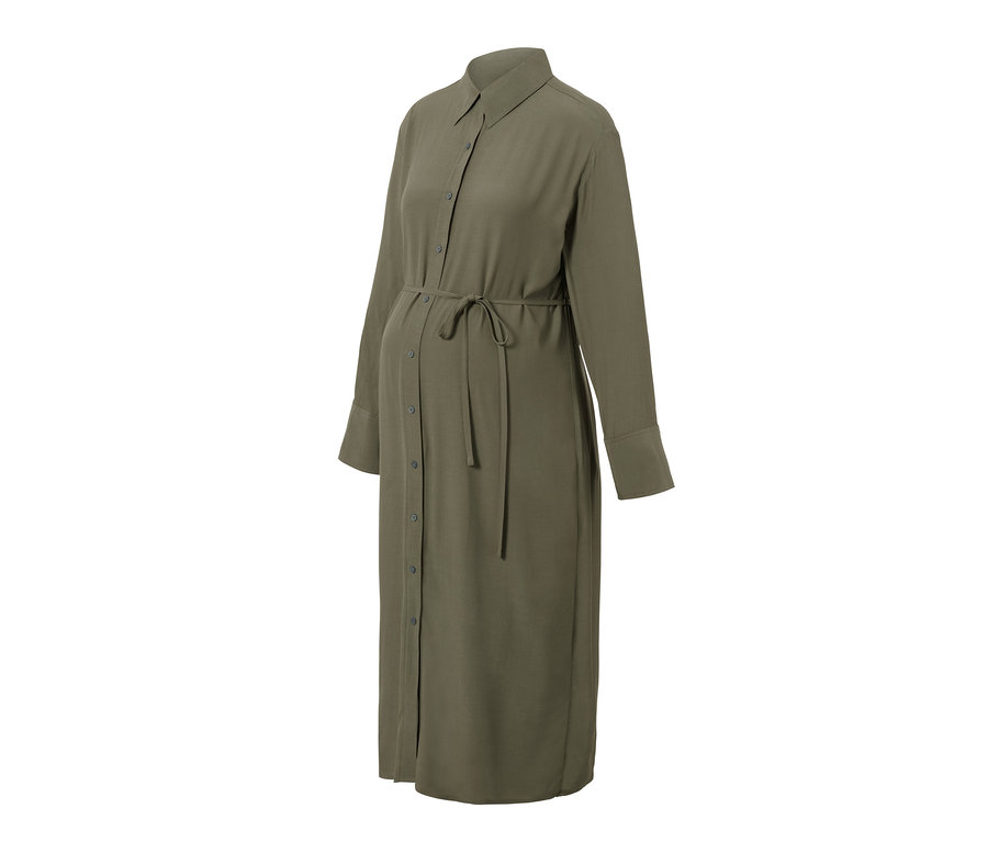 Zobrazené tehotenské halenkové šaty olivové barvy s dlouhými rukávy a knoflíky.