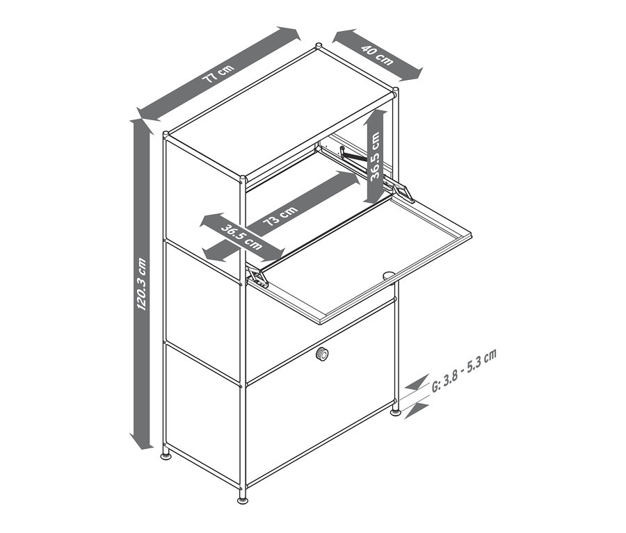 Nákres komody »CN3« se 3 výklopnými dvířky s rozměry.