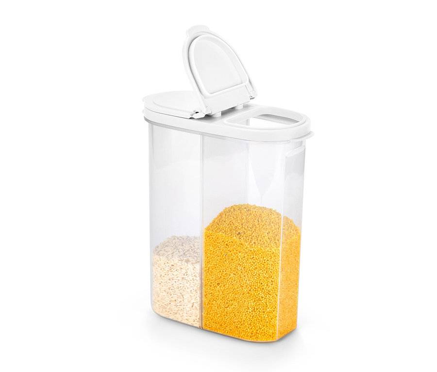 Průhledná dóza na potraviny 2 v 1 s otevřeným víkem, naplněná z jedné poloviny vločkami a z druhé poloviny žlutými těstovinami.
