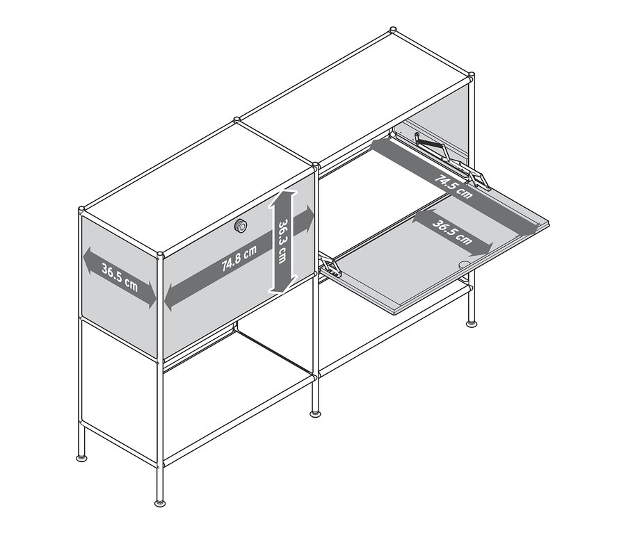 Nákres kovové skříňky s rozměry a výklopnými dvířky.