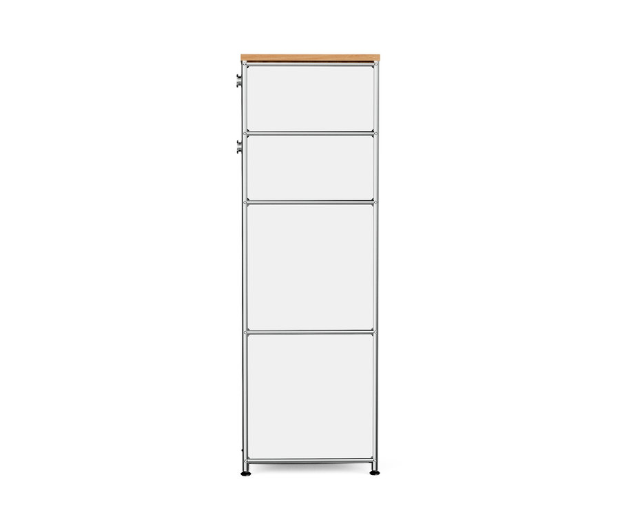 Bílá úzká kovová komoda »CN3« se dvěma zásuvkami a dřevěnou deskou.