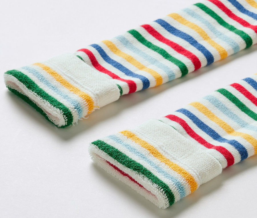 Detail tří dětských termolegín s barevnými pruhy.