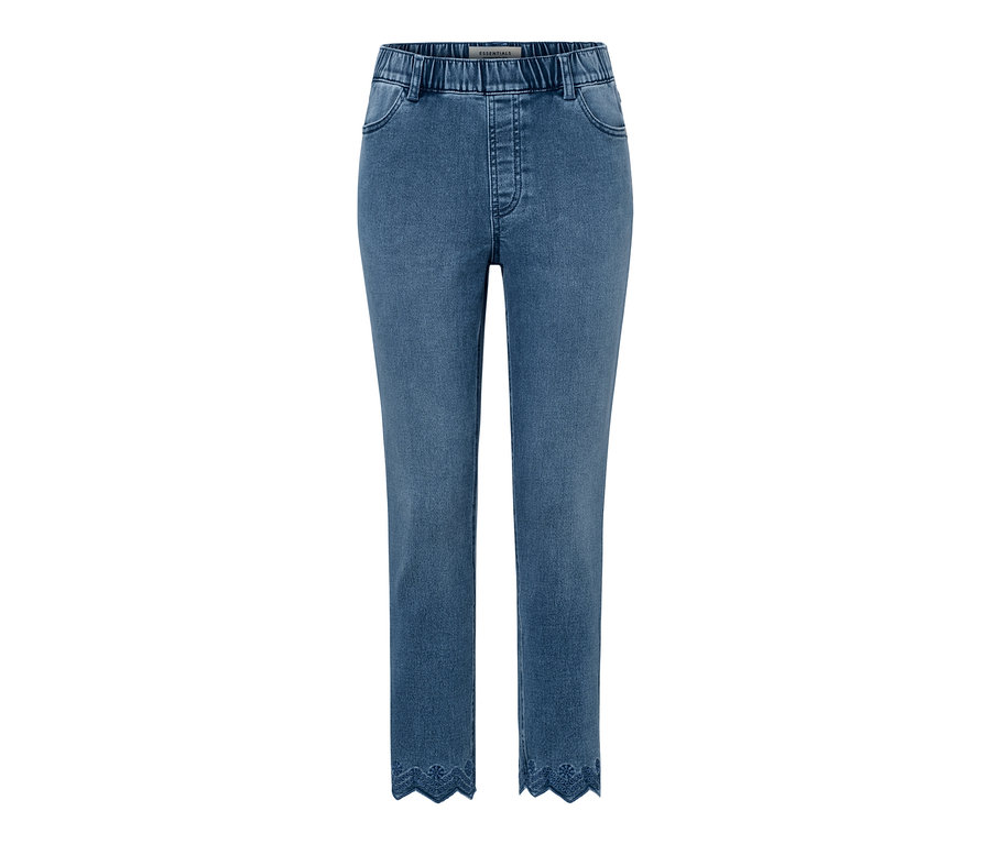 Modré 7/8 legíny s krajkovou výšivkou na lemu.