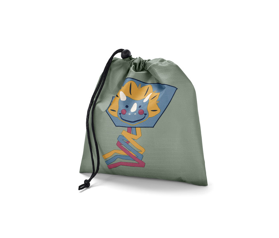 Zelený vak Kapesní drak se stahovací šňůrkou a kresleným obličejem.