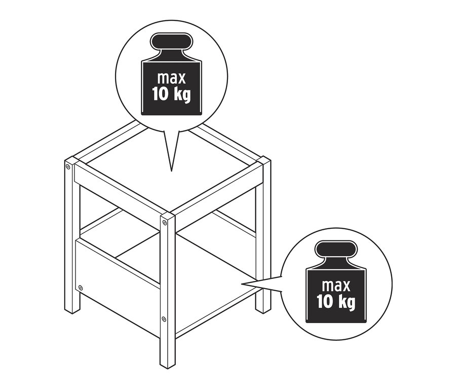 Náčrt černobílého postranního stolku s maximální nosností 10 kg.