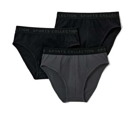 Tři slipy: dva černé a jeden šedý. Všechny mají nápis SPORTS COLLECTION.