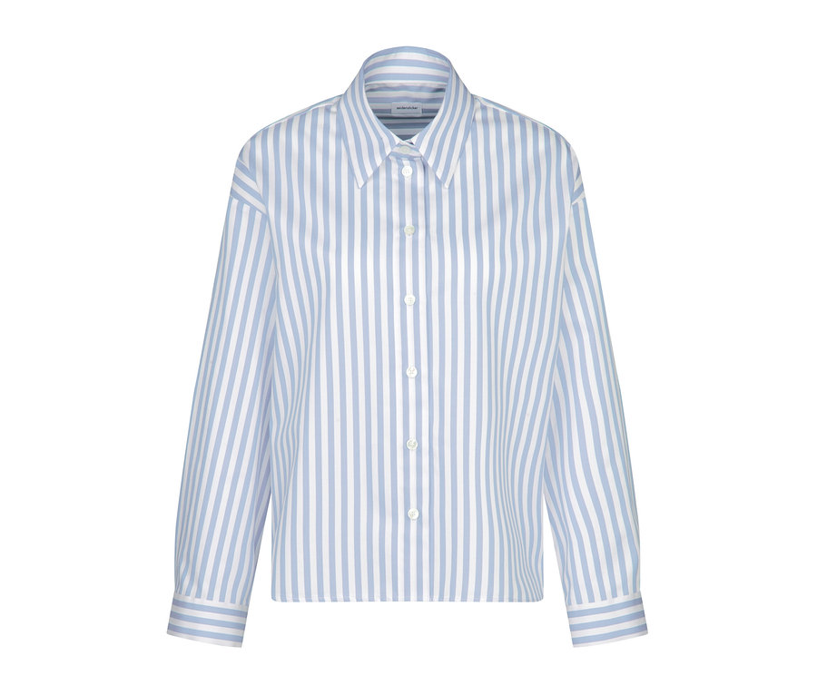 Modrá oversize košilová halenka Seidensticker s bílými pruhy a dlouhými rukávy.