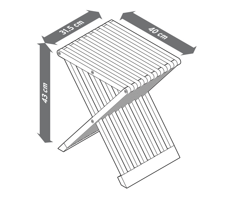 Náčrt skládací stoličky s vyznačenými rozměry.