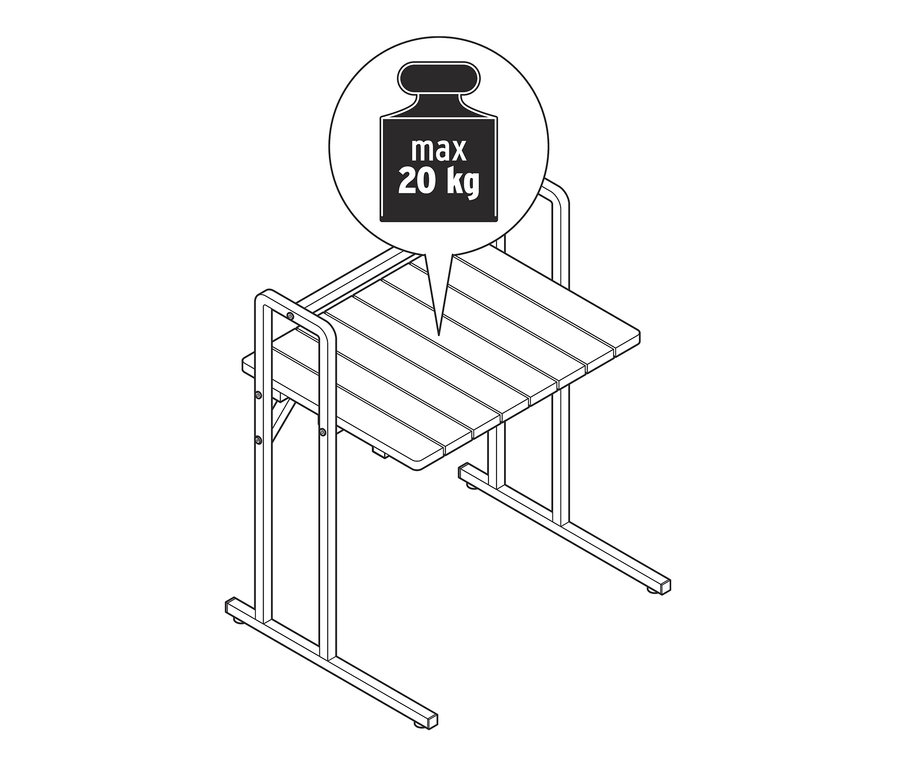 Ilustrace stolku ve tvaru C s velkou deskou a nosností maximálně 20 kg.