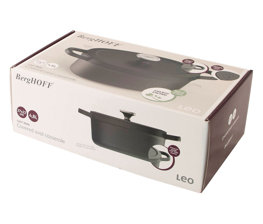 Balení litinového oválného kastrolu Berghoff Leo 27x22 cm o objemu 4,8 l.