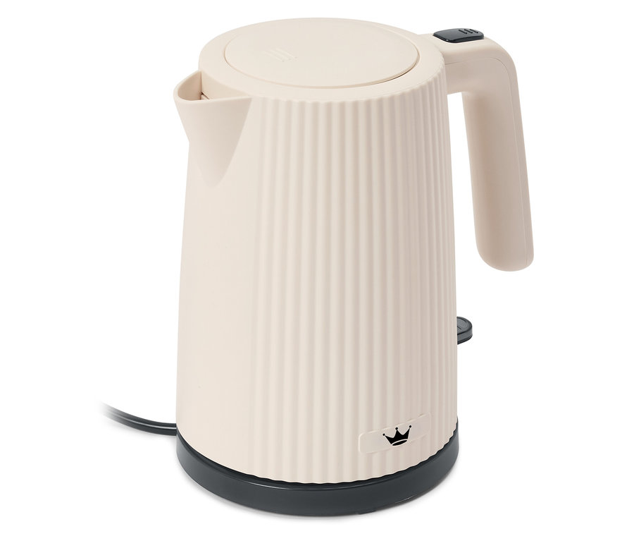 Krémová rychlovarná konvice s vertikálním žebrováním na těle konvice a černou základnou.