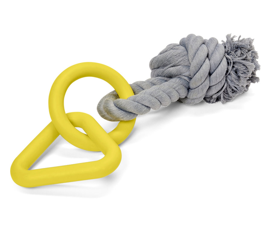 Žlutošedá hračka pro psy s gumovými kroužky a uzlem z provazu.